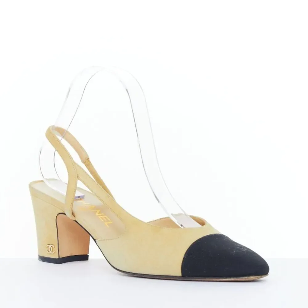 Chanel Beige Suede Grosgrain Cap Toe Slingback Pumps